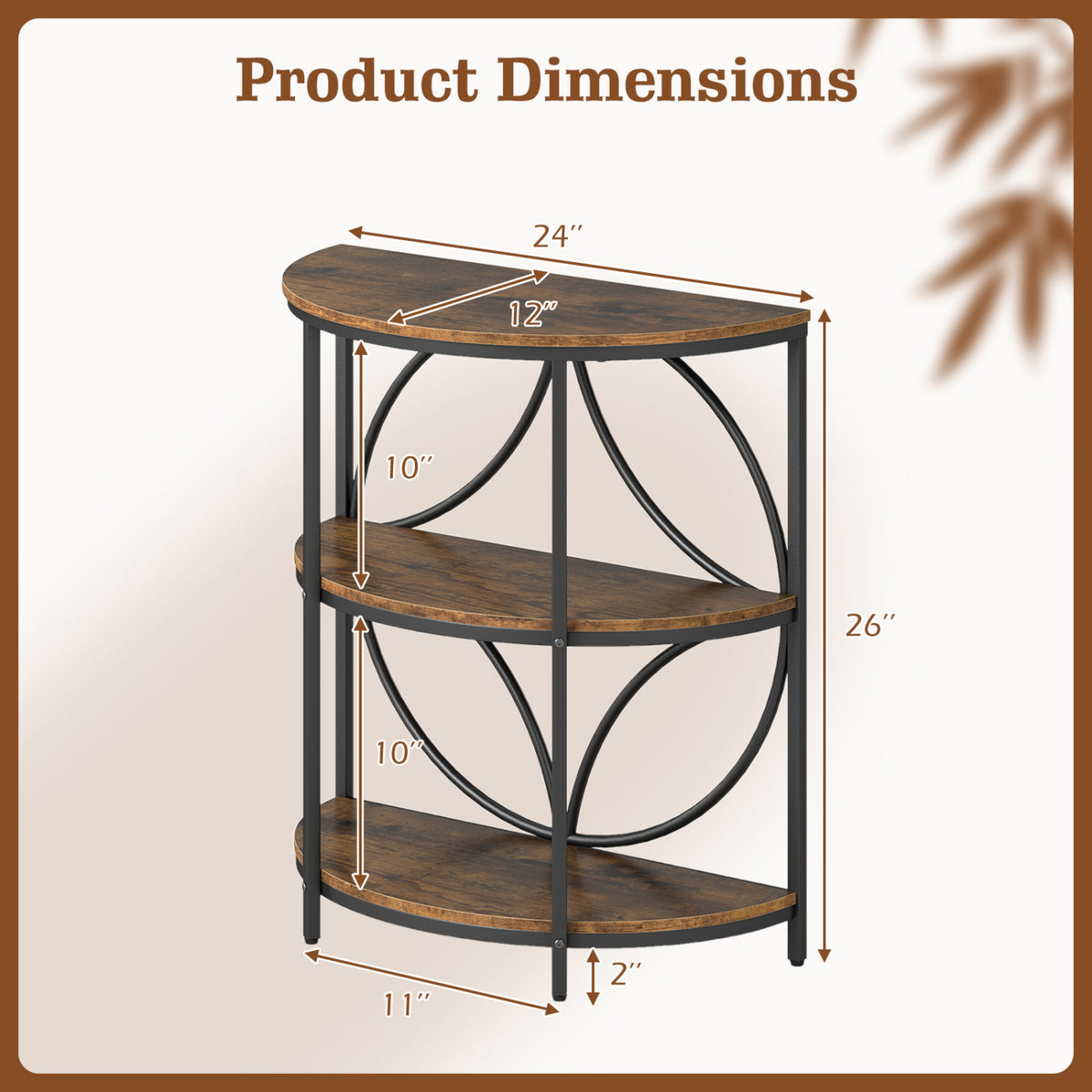 3-Tier Half Round End Table with Study Metal Frame for Living Room-Rustic Brown