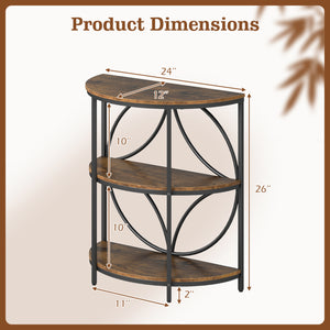 3-Tier Half Round End Table with Study Metal Frame for Living Room-Rustic Brown