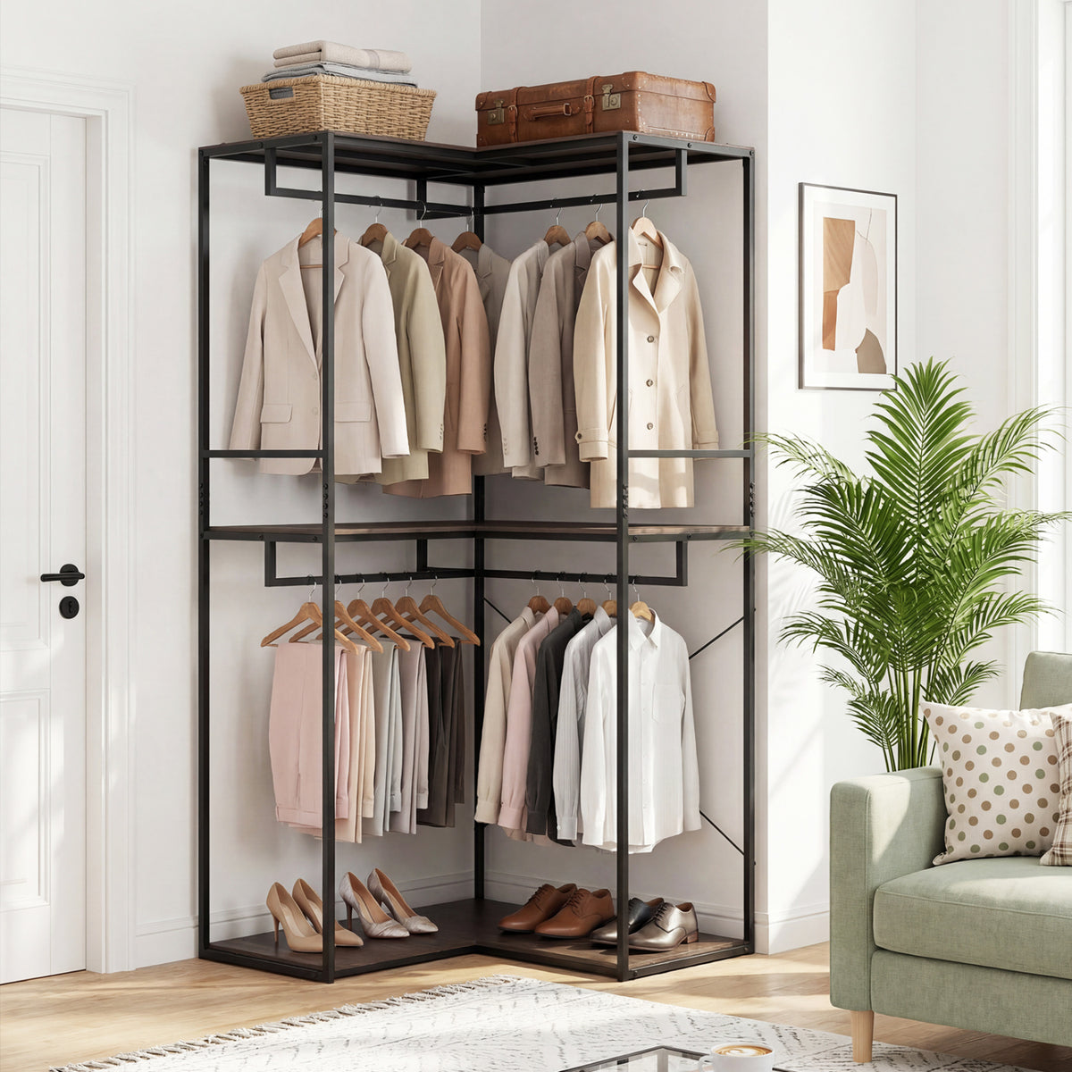 3-Tier Heavy Duty Clothes Rack with 3 Shelves & 2 Hanging Racks-Black & Brown