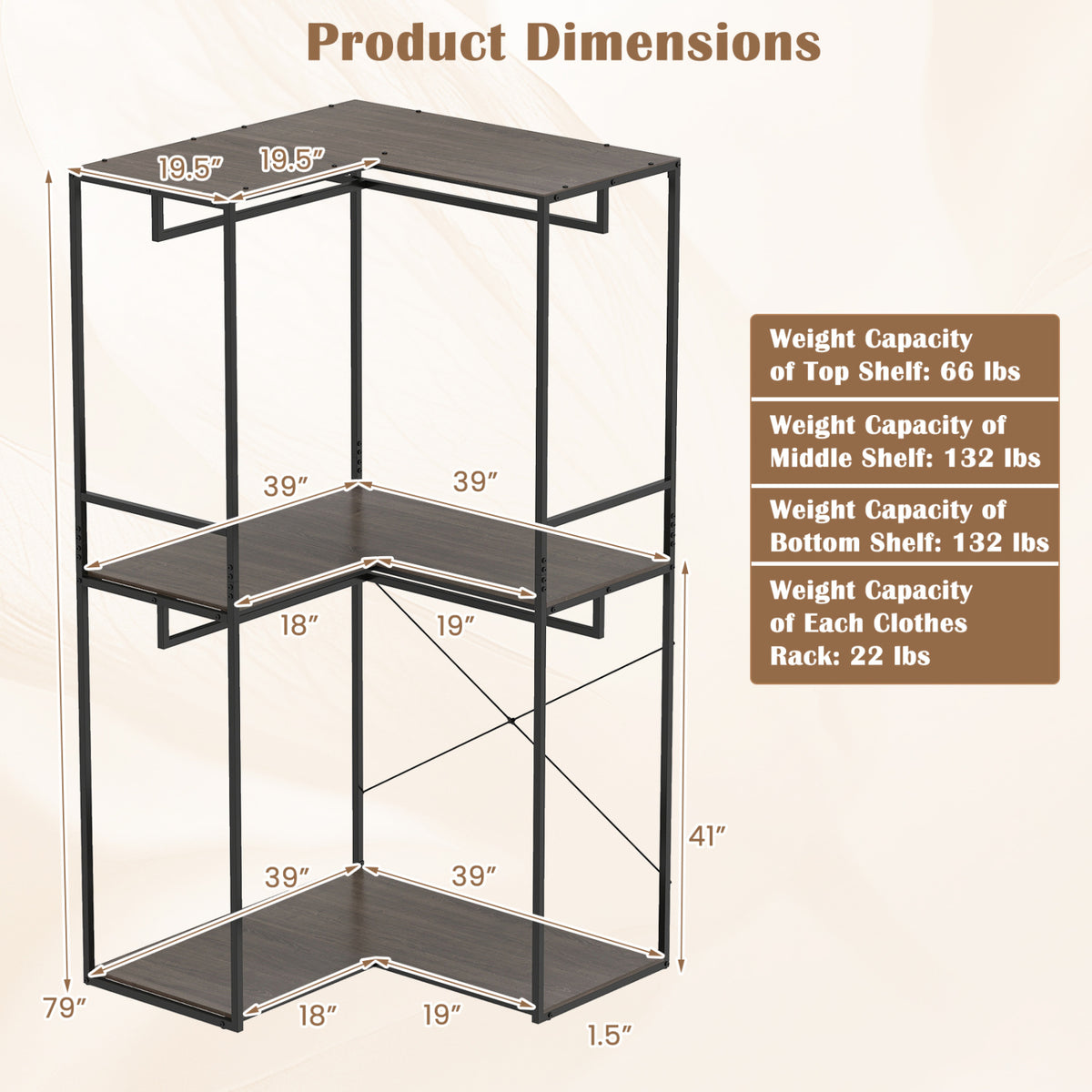 3-Tier Heavy Duty Clothes Rack with 3 Shelves & 2 Hanging Racks-Black & Brown