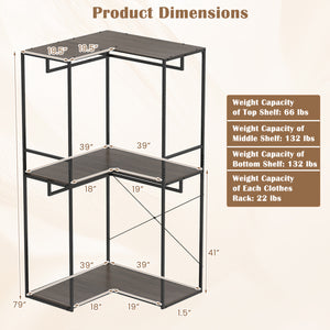 3-Tier Heavy Duty Clothes Rack with 3 Shelves & 2 Hanging Racks-Black & Brown