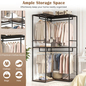 3-Tier Heavy Duty Clothes Rack with 3 Shelves & 2 Hanging Racks-Black & Brown
