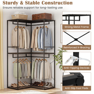 3-Tier Heavy Duty Clothes Rack with 3 Shelves & 2 Hanging Racks-Black & Brown