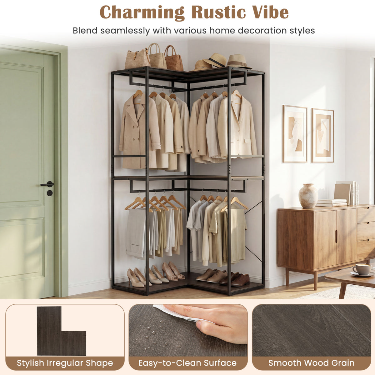 3-Tier Heavy Duty Clothes Rack with 3 Shelves & 2 Hanging Racks-Black & Brown