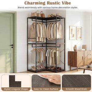 3-Tier Heavy Duty Clothes Rack with 3 Shelves & 2 Hanging Racks-Black & Brown