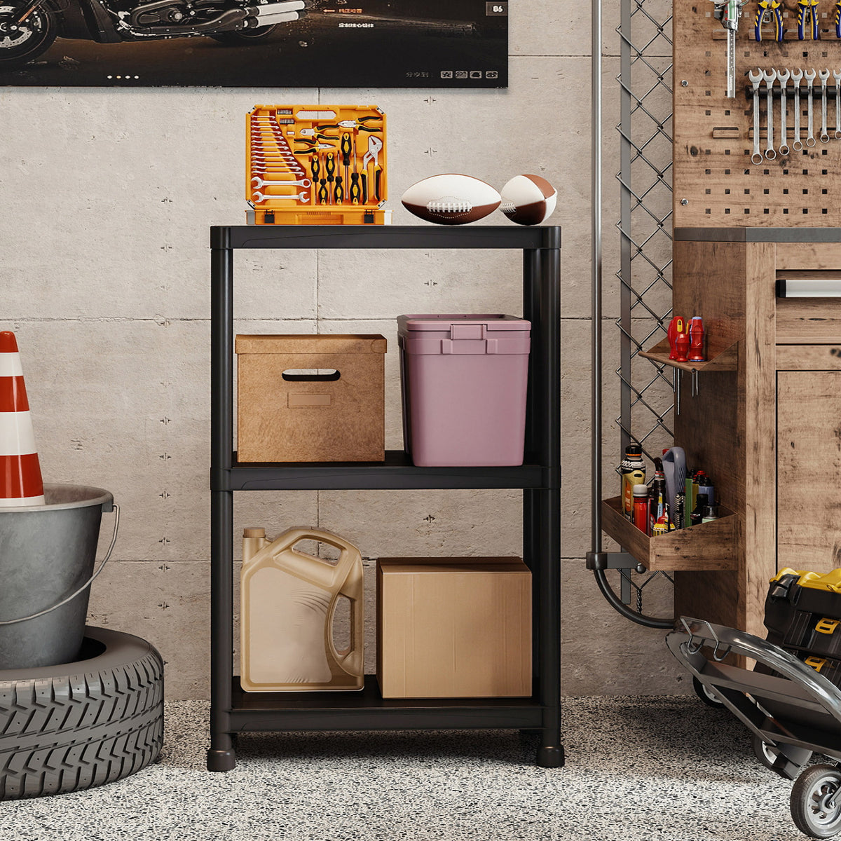 3-Tier Heavy-Duty Plastic Storage Shelves Freestanding Garage Shelving Unit