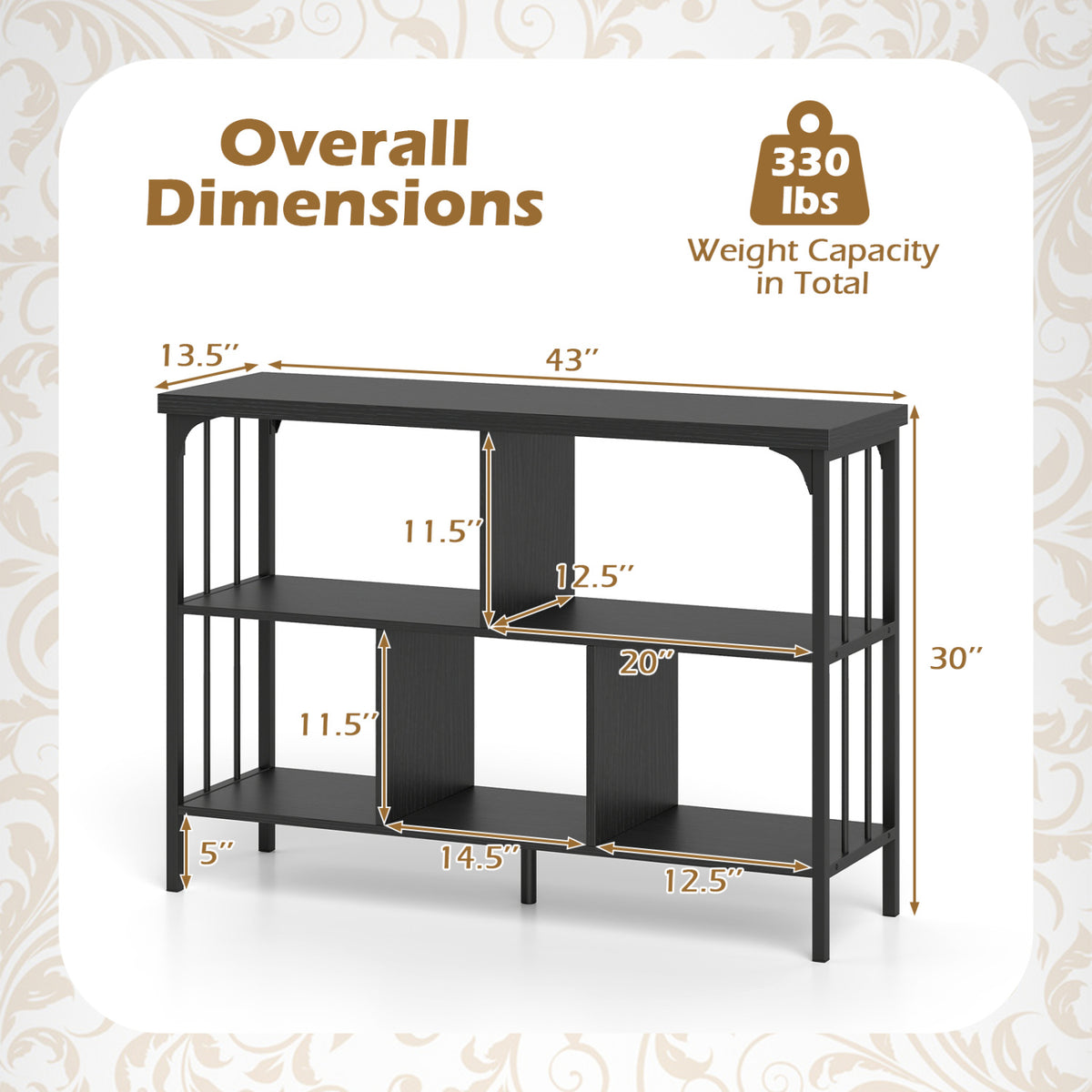 3-Tier Horizontal Cubby Bookshelf with Open Shelves-Black