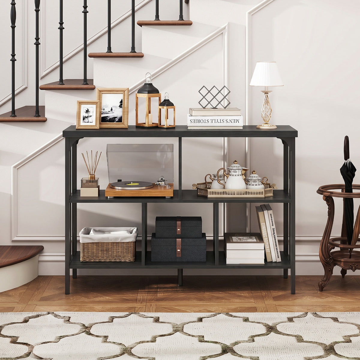 3-Tier Horizontal Cubby Bookshelf with Open Shelves-Black