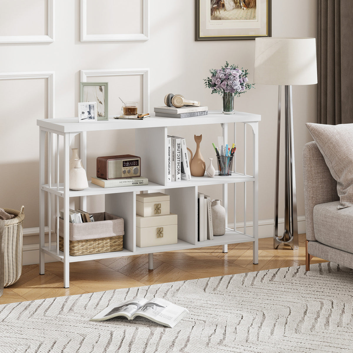 3-Tier Horizontal Cubby Bookshelf with Open Shelves-White