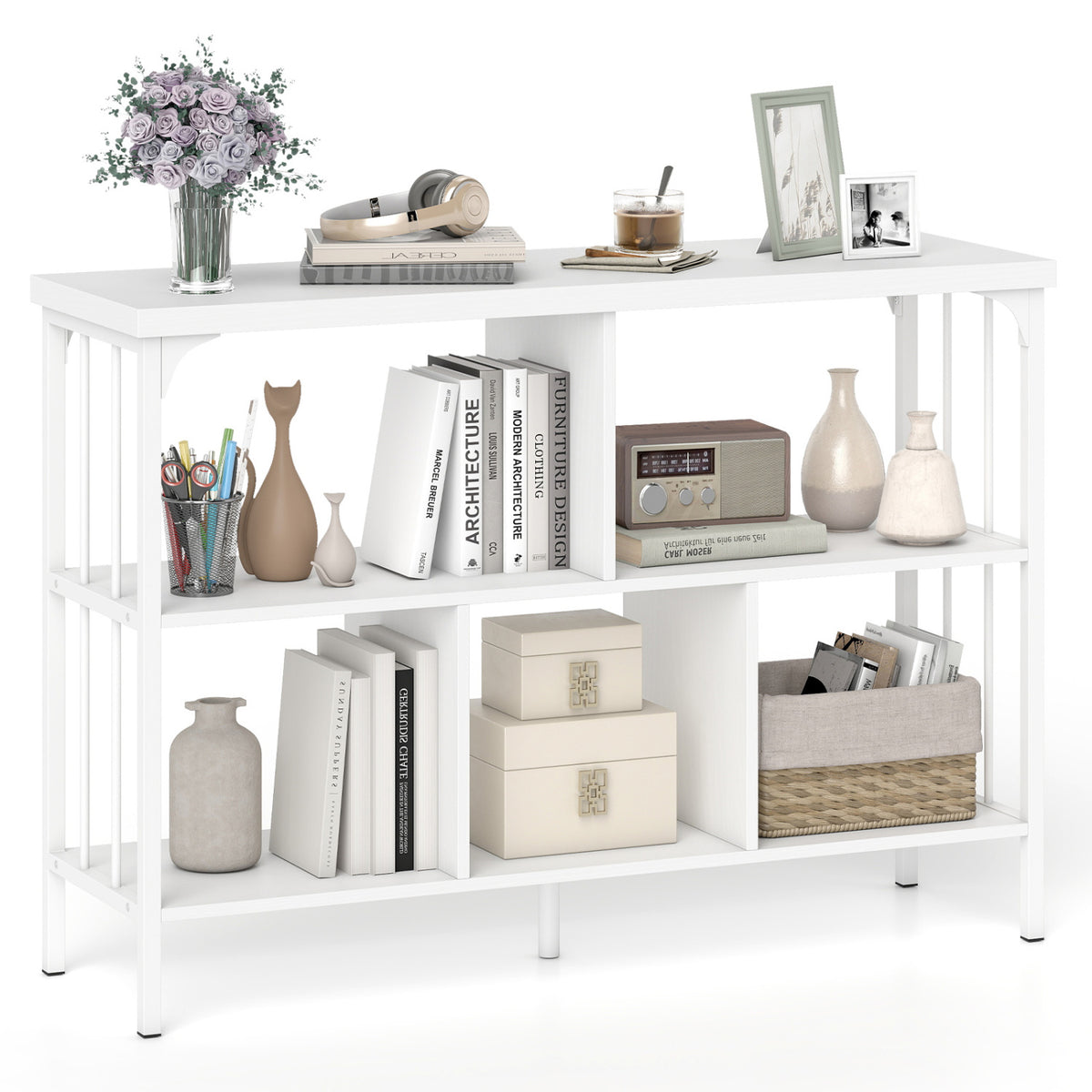 3-Tier Horizontal Cubby Bookshelf with Open Shelves-White