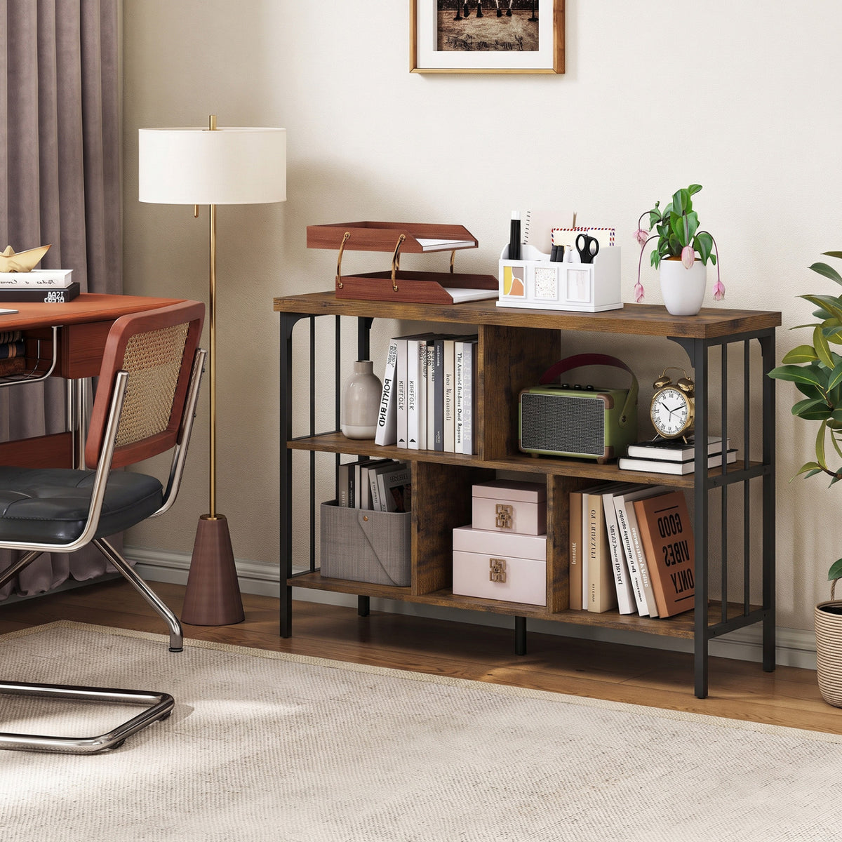 3-Tier Horizontal Cubby Bookshelf with Open Shelves-Rustic Brown