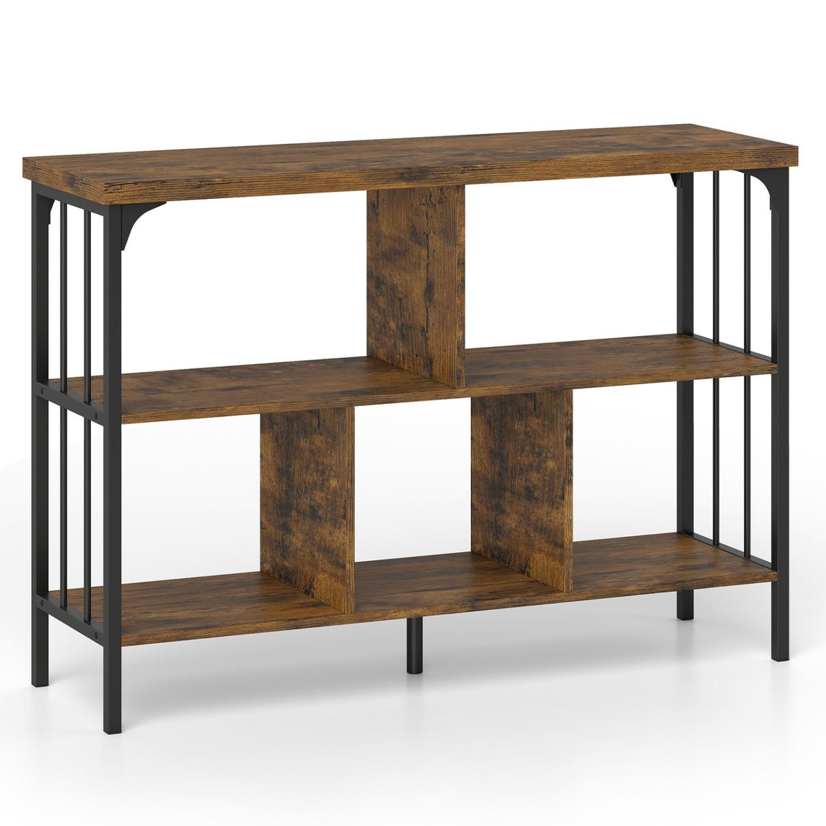 3-Tier Horizontal Cubby Bookshelf with Open Shelves-Rustic Brown