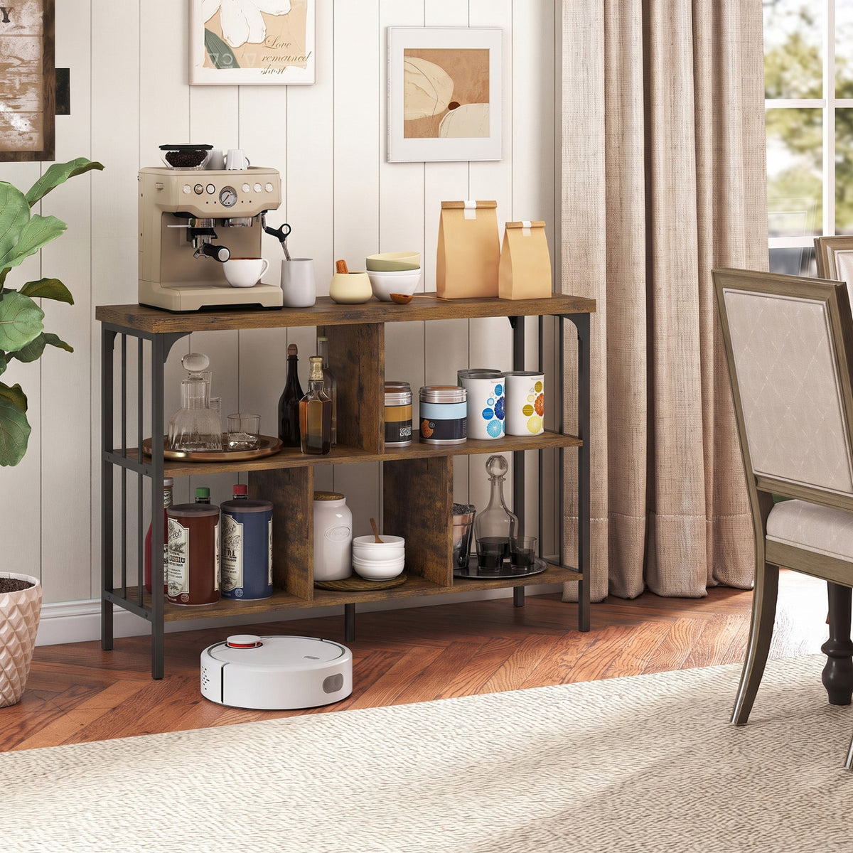 3-Tier Horizontal Cubby Bookshelf with Open Shelves-Rustic Brown