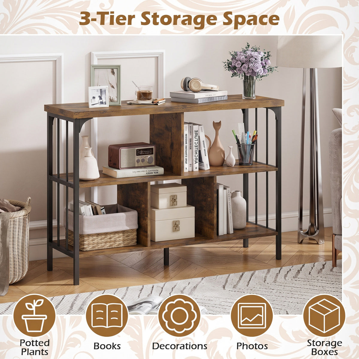 3-Tier Horizontal Cubby Bookshelf with Open Shelves-Rustic Brown