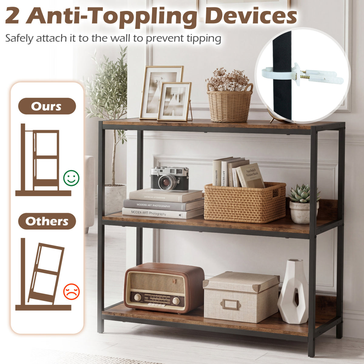 3-Tier Industrial Bookshelf with Wooden Shelves and Metal Frame-Rustic Brown