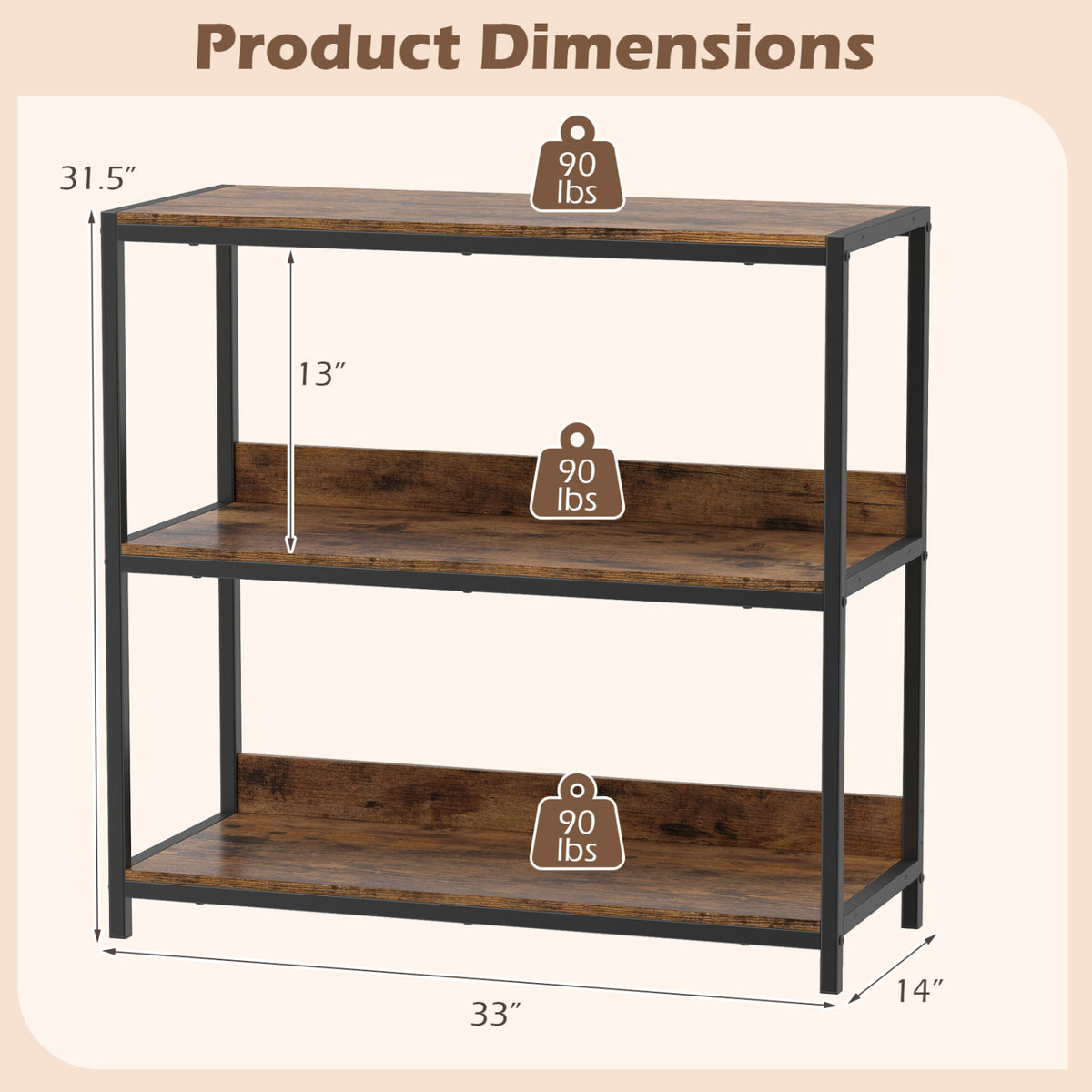 3-Tier Industrial Bookshelf with Wooden Shelves and Metal Frame-Rustic Brown