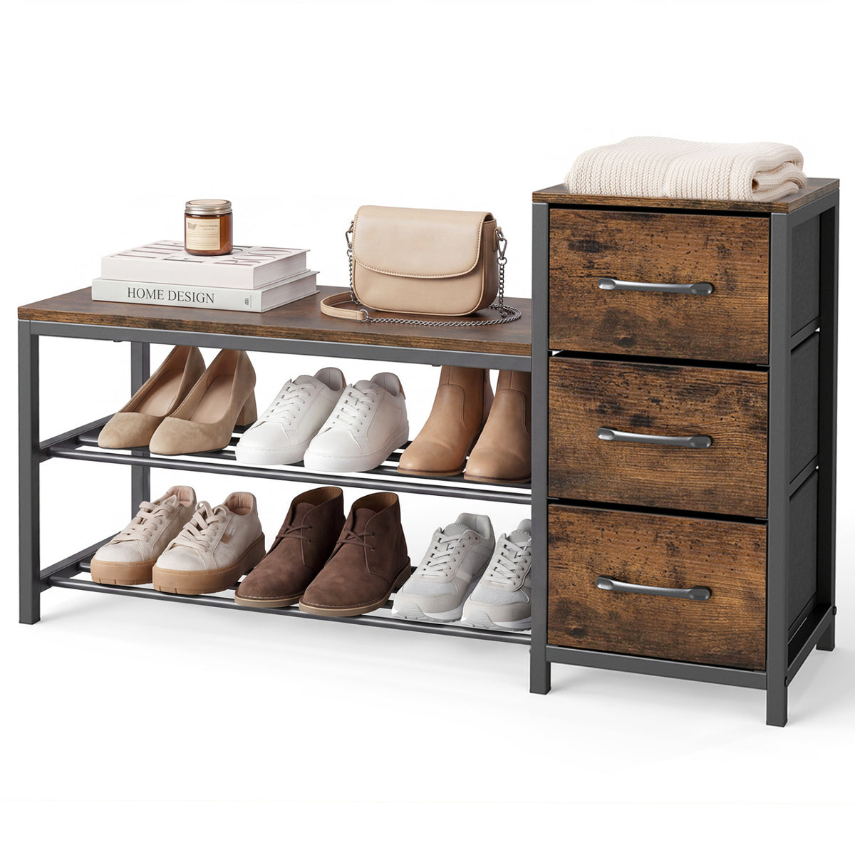 3-Tier Industrial Shoe Bench with 3 Removable Fabric Drawers and Anti-toppling Kits-Rustic Brown