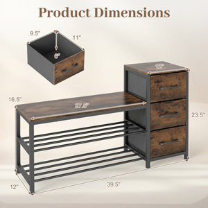 3-Tier Industrial Shoe Bench with 3 Removable Fabric Drawers and Anti-toppling Kits-Rustic Brown