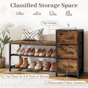 3-Tier Industrial Shoe Bench with 3 Removable Fabric Drawers and Anti-toppling Kits-Rustic Brown