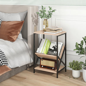3-Tier Industrial Side Table with V-shaped Bookshelf for Living Room-Natural