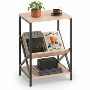 3-Tier Industrial Side Table with V-shaped Bookshelf for Living Room-Natural
