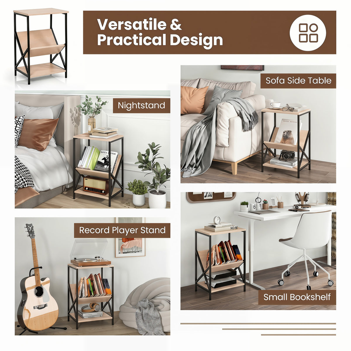 3-Tier Industrial Side Table with V-shaped Bookshelf for Living Room-Natural