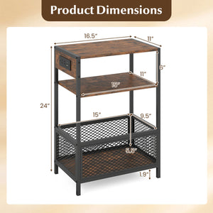 3-Tier Industrial Side Table Set of 2 with 2 AC Outlets and 1 Type-C Ports-Rustic Brown