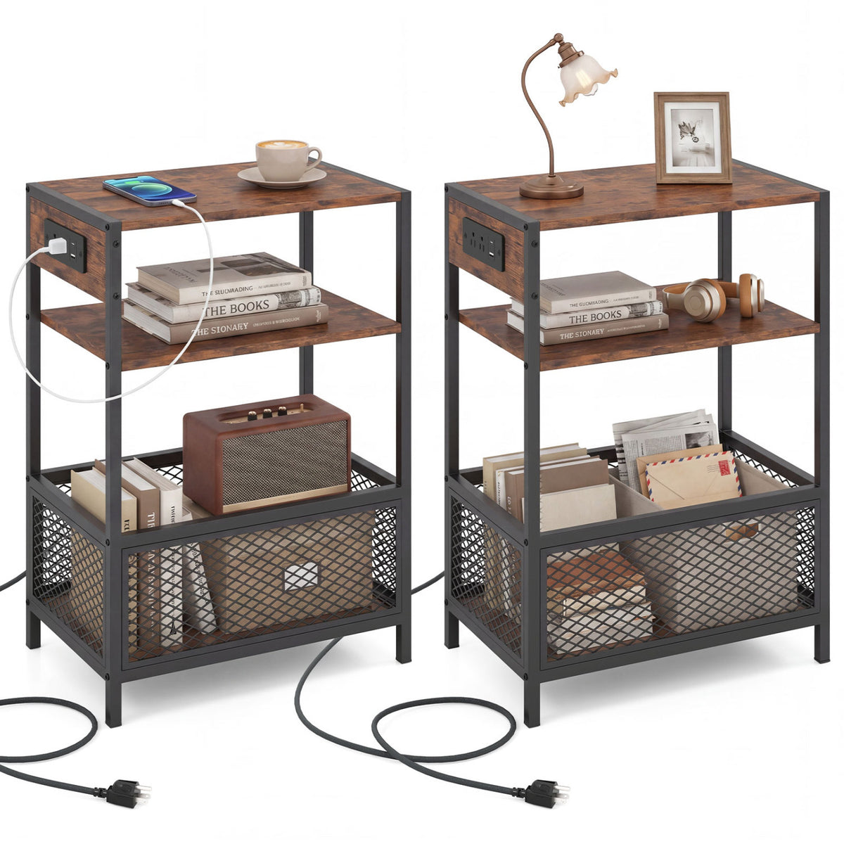 3-Tier Industrial Side Table Set of 2 with 2 AC Outlets and 1 Type-C Ports-Rustic Brown