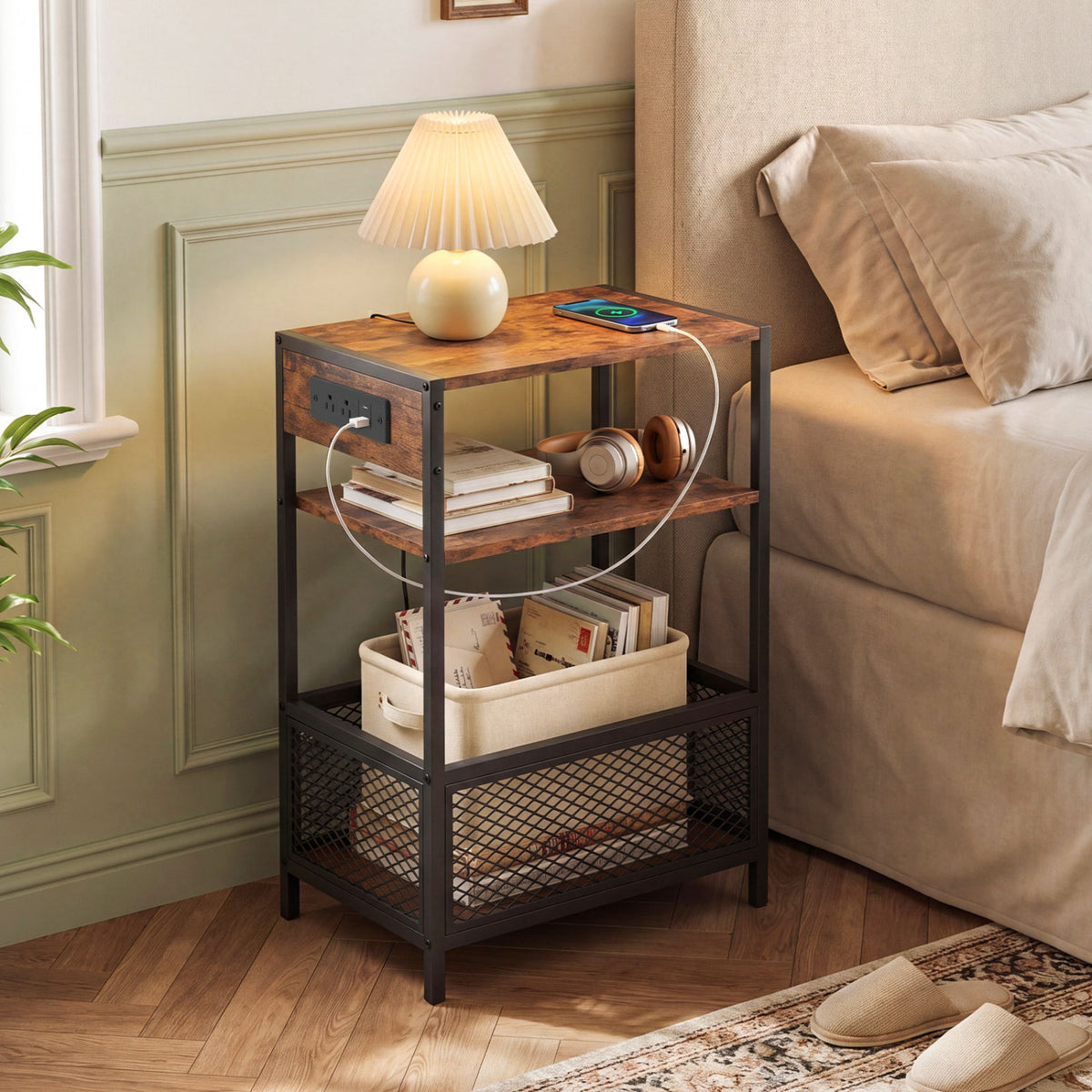 3-Tier Industrial Side Table Set of 2 with 2 AC Outlets and 1 Type-C Ports-Rustic Brown