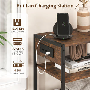 3-Tier Industrial Side Table Set of 2 with 2 AC Outlets and 1 Type-C Ports-Rustic Brown