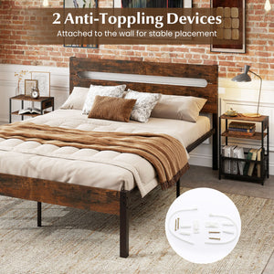 3-Tier Industrial Side Table Set of 2 with 2 AC Outlets and 1 Type-C Ports-Rustic Brown
