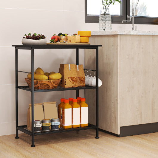 3-Tier Kitchen Serving Cart Utility Standing Microwave Rack with Hooks-Black