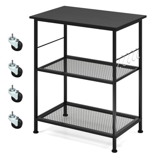 3-Tier Kitchen Serving Cart Utility Standing Microwave Rack with Hooks-Black