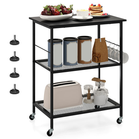 3-Tier Kitchen Serving Cart Utility Standing Microwave Rack with Hooks-Black