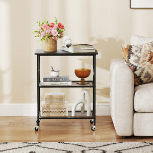 3-Tier Kitchen Serving Cart Utility Standing Microwave Rack with Hooks-Black