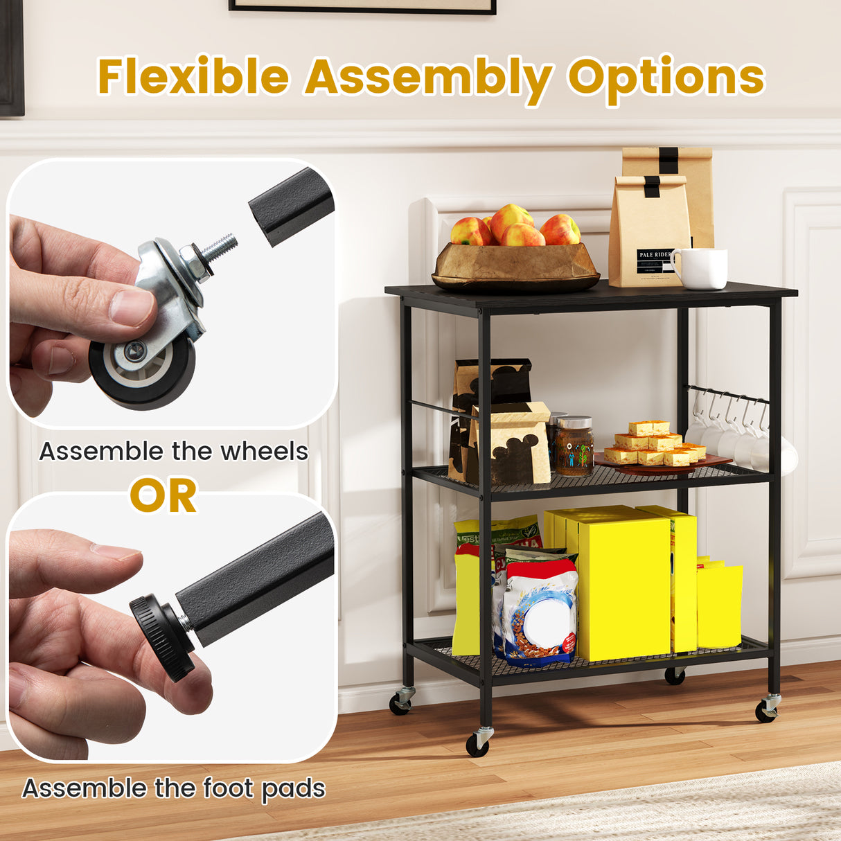 3-Tier Kitchen Serving Cart Utility Standing Microwave Rack with Hooks-Black