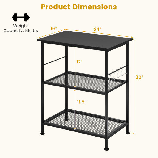 3-Tier Kitchen Serving Cart Utility Standing Microwave Rack with Hooks-Black