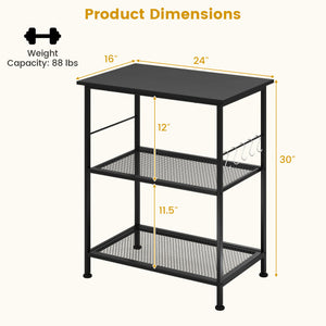 3-Tier Kitchen Serving Cart Utility Standing Microwave Rack with Hooks-Black
