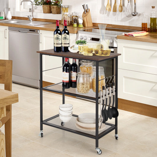 3-Tier Kitchen Utility  Industrial Cart with Storage-Brown