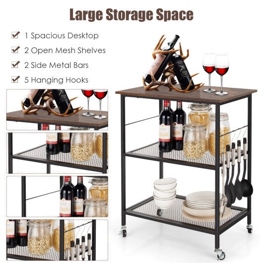 3-Tier Kitchen Utility  Industrial Cart with Storage-Brown