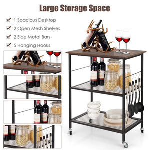 3-Tier Kitchen Utility  Industrial Cart with Storage-Brown