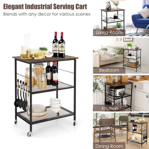 3-Tier Kitchen Utility  Industrial Cart with Storage-Brown