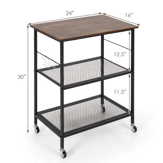 3-Tier Kitchen Utility  Industrial Cart with Storage-Brown