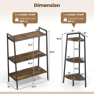 3-Tier Ladder Shelf and Corner Shelf Set with Metal Frame-Rusticbrown