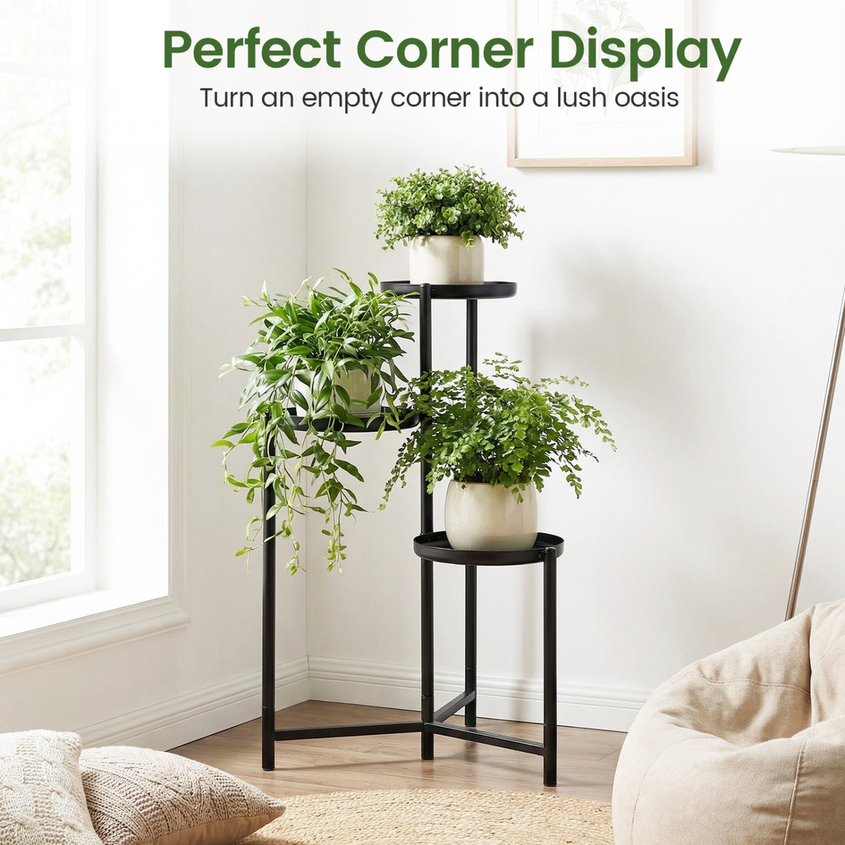 3-Tier Metal Plant Stand Indoor Outdoor Tall Corner Flower Pot Holder Display Rack