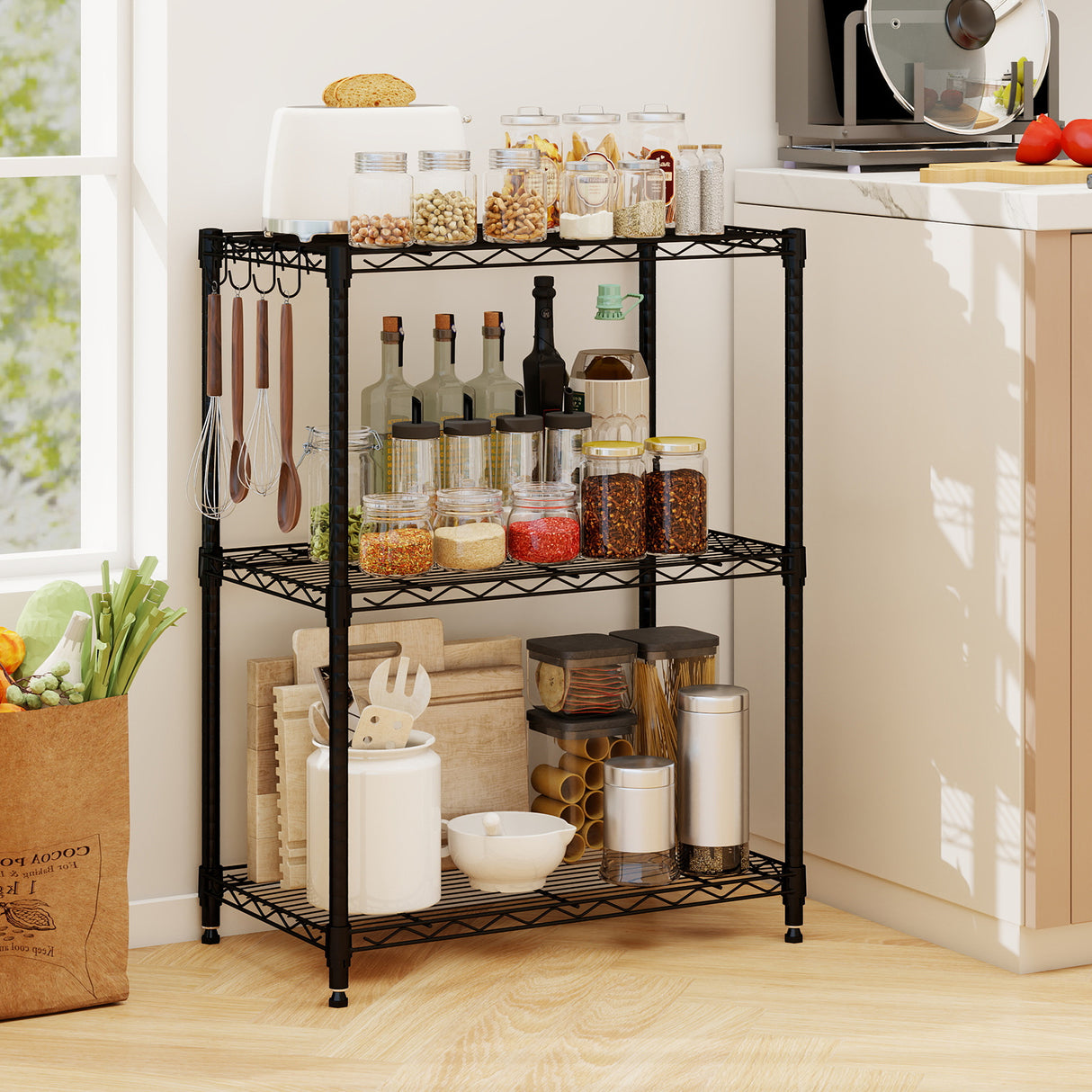 3-Tier Metal Storage Shelving Unit with V-Shaped Wire Rack and  450 LBS Capacity-Black