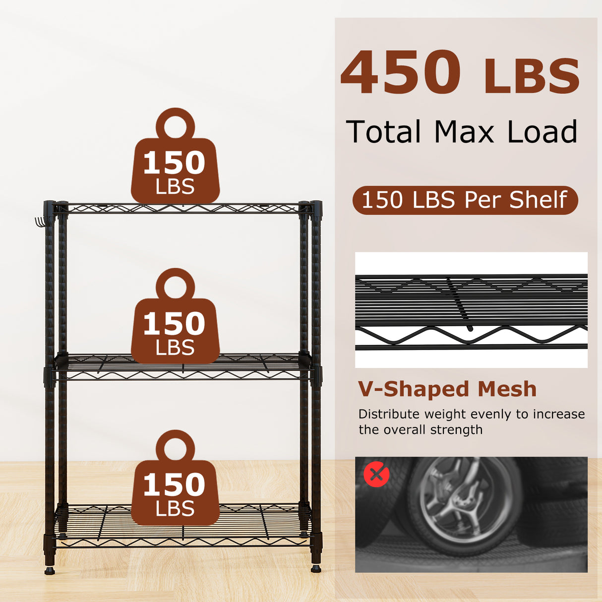 3-Tier Metal Storage Shelving Unit with V-Shaped Wire Rack and  450 LBS Capacity-Black