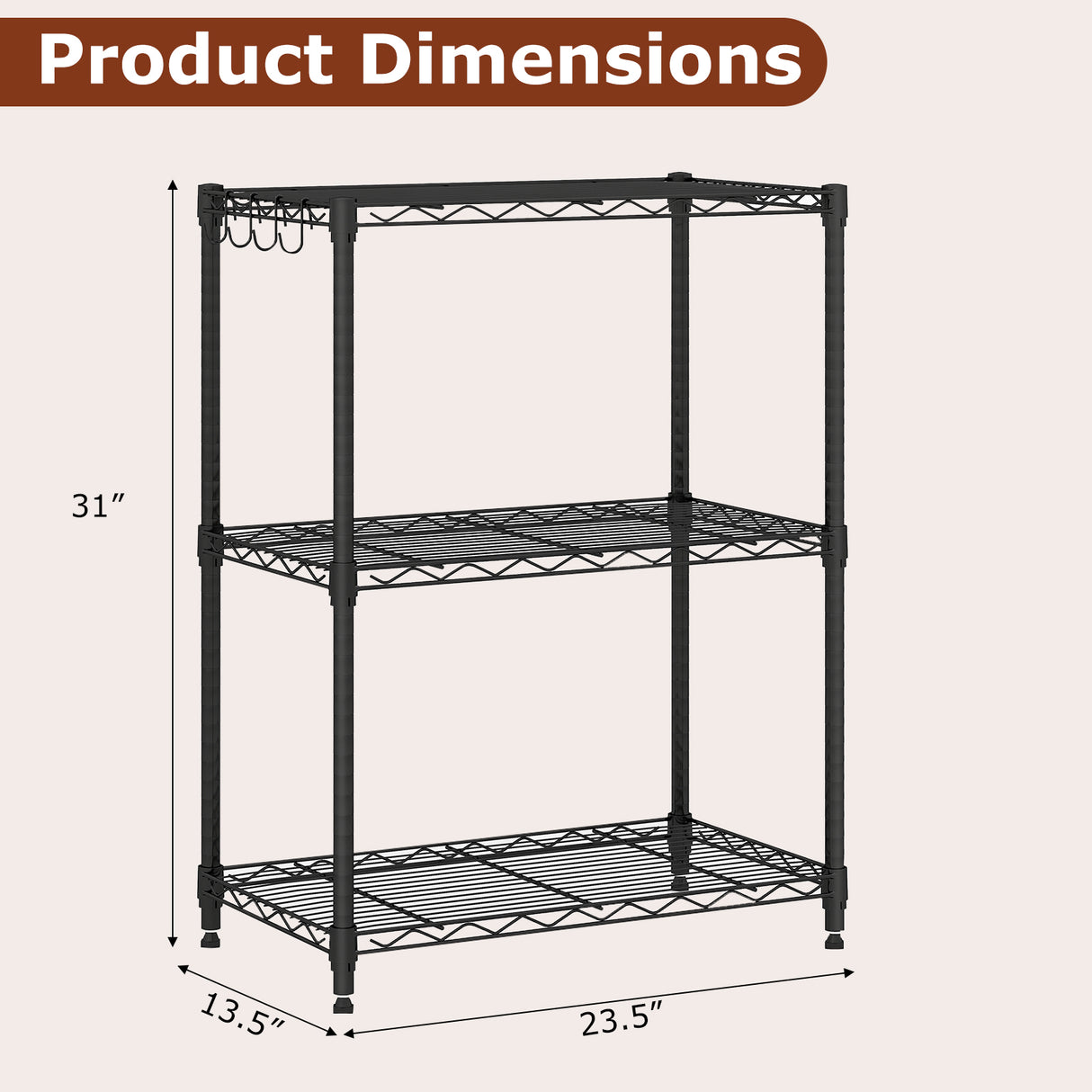 3-Tier Metal Storage Shelving Unit with V-Shaped Wire Rack and  450 LBS Capacity-Black