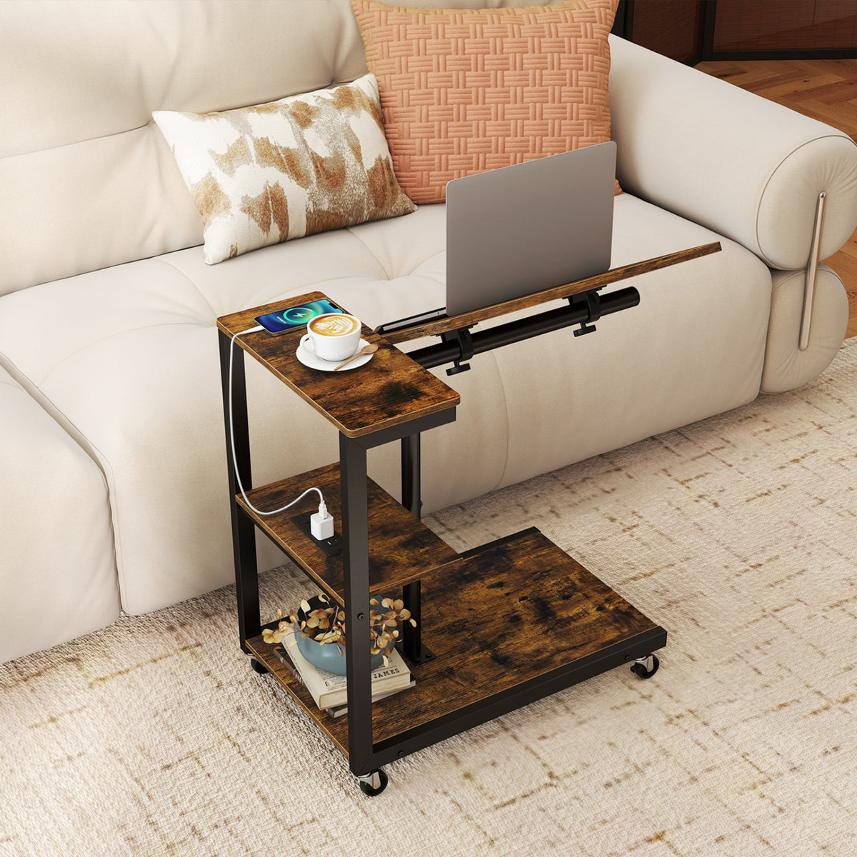 3-Tier Mobile Couch Side Table with Tiltable Tabletop-1 Piece