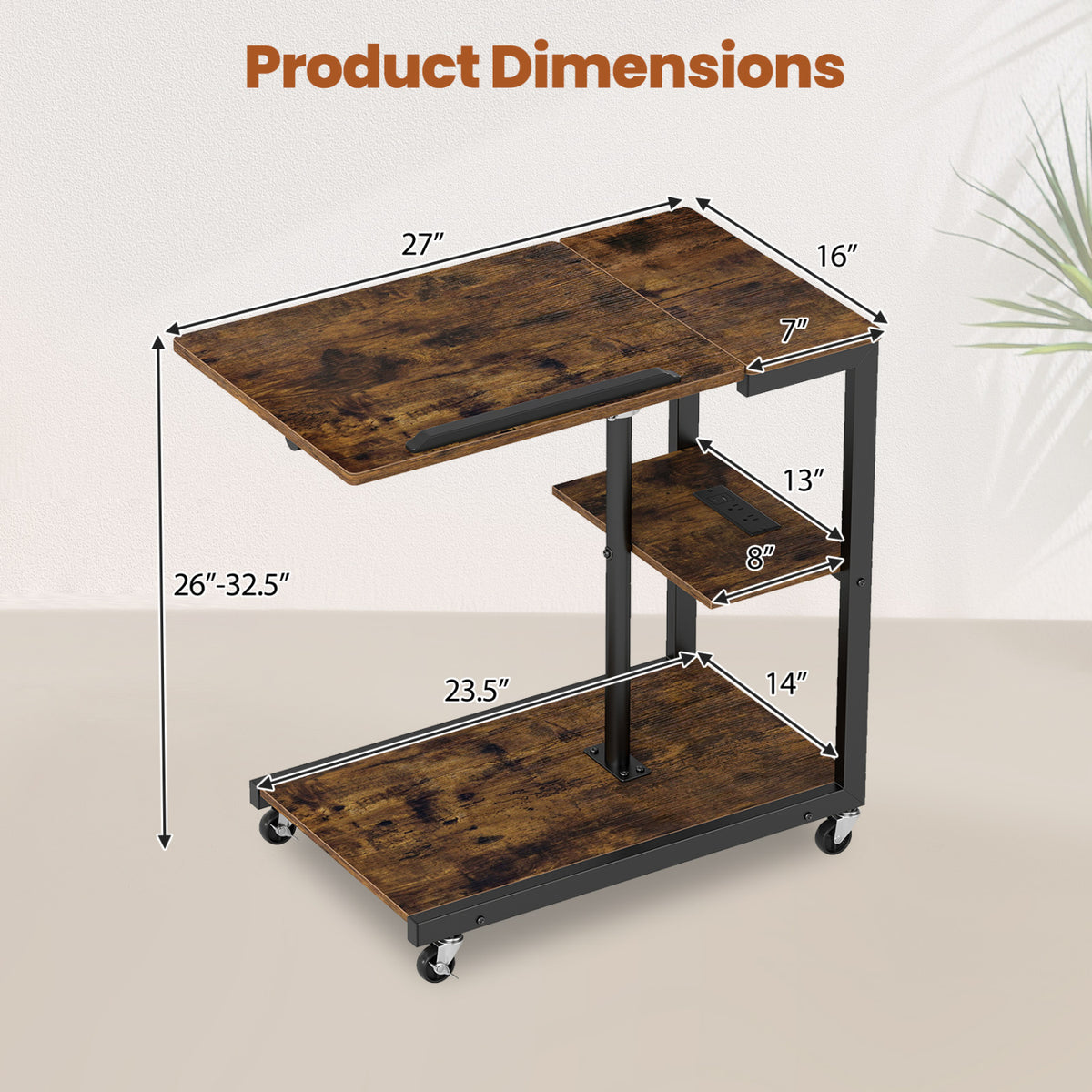 3-Tier Mobile Couch Side Table with Tiltable Tabletop-1 Piece